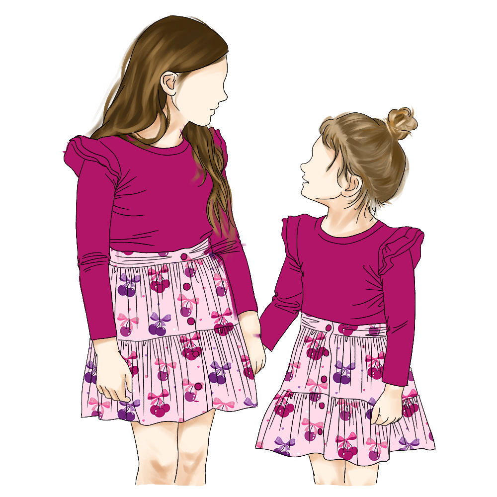 New Arrival Printing Cherry Pattern Sister Matching Outfits Skirt Dress Long Sleeve Baby Girls Ruffle Sleeve T-Shirt Set