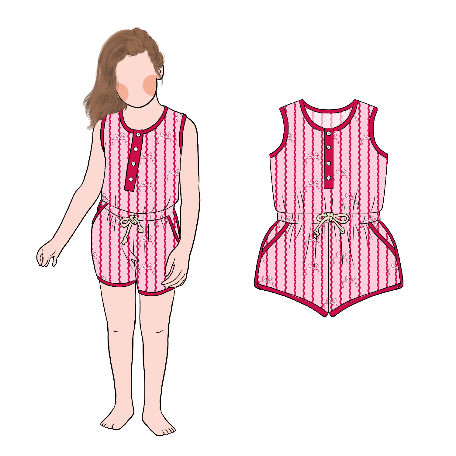 High Quality Summer Cool Outfit Versatile Practical Sweet 4 Front Buttons Striped Prints Girls Tank Shorts Romper - Image 3