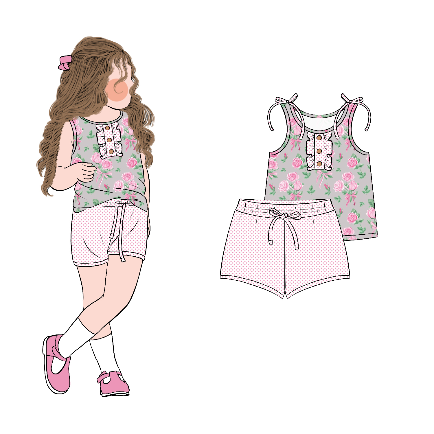 High Quality Custom Girls Sweet Style Summer Short Sleeves Floral Ruffle 2pcs Shorts Clothing Set for Children - Image 4