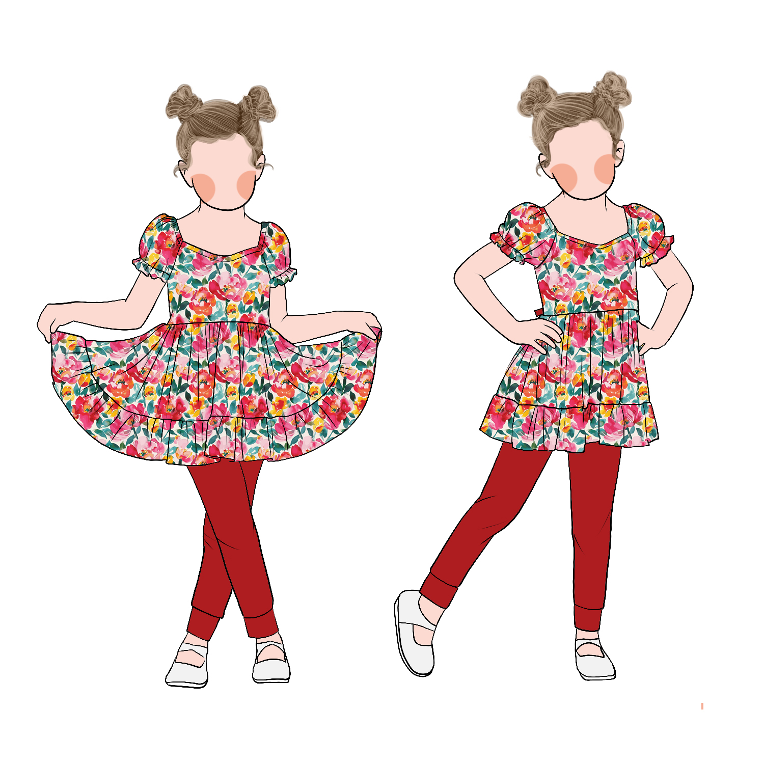 Sweet Candy Style Cute Cartoon Print Summer Floral Puff Sleeves Twirl Dress Matching Solid Leggings - Image 6