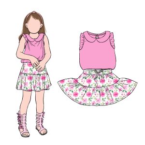 High Quality Summer Ruffled Sleeveless Girl Dress Set Solid Cute Top With Floral Skirt for Kids