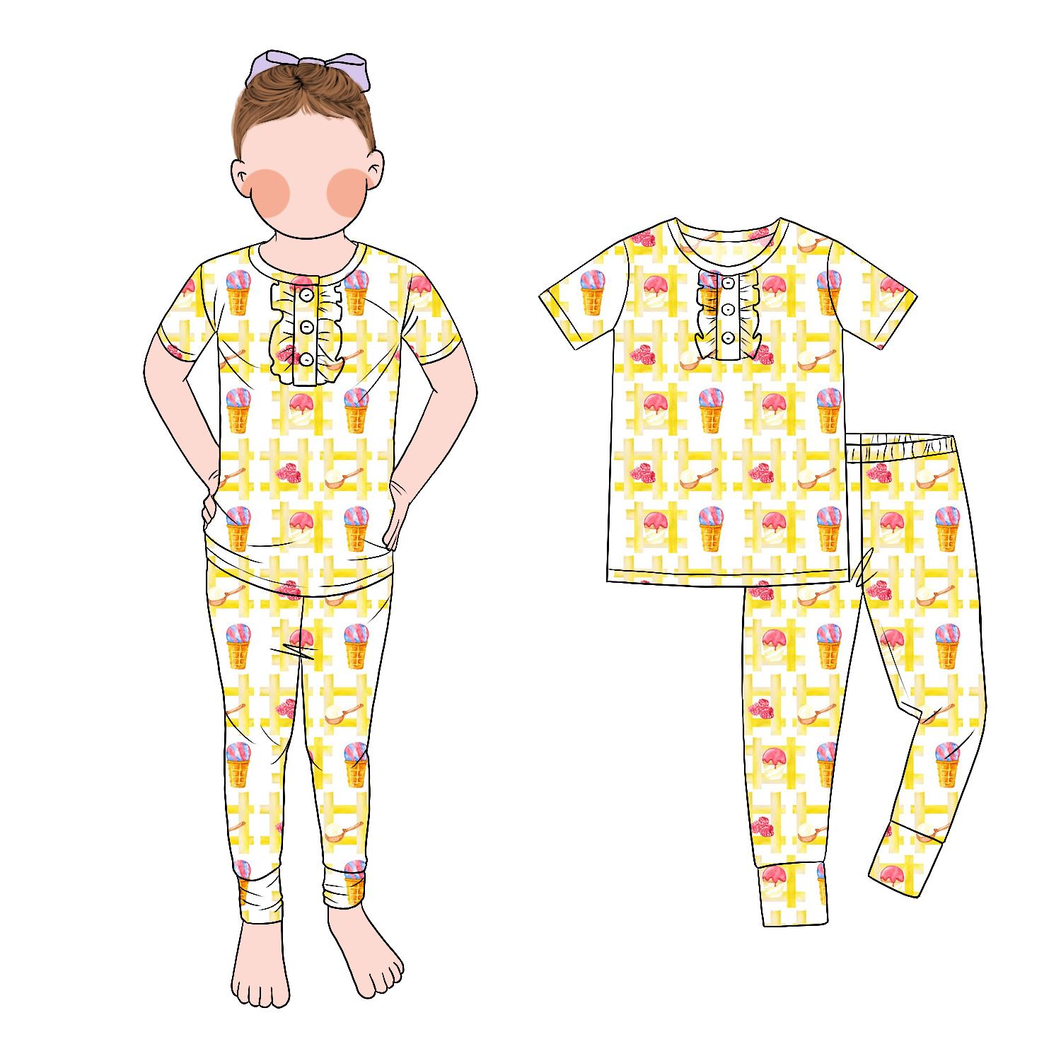 New Model Fashion Front Ruffle Fitted Design Short Sleeve and Pants Two-piece Pajamas Spring Summer Set - Image 2