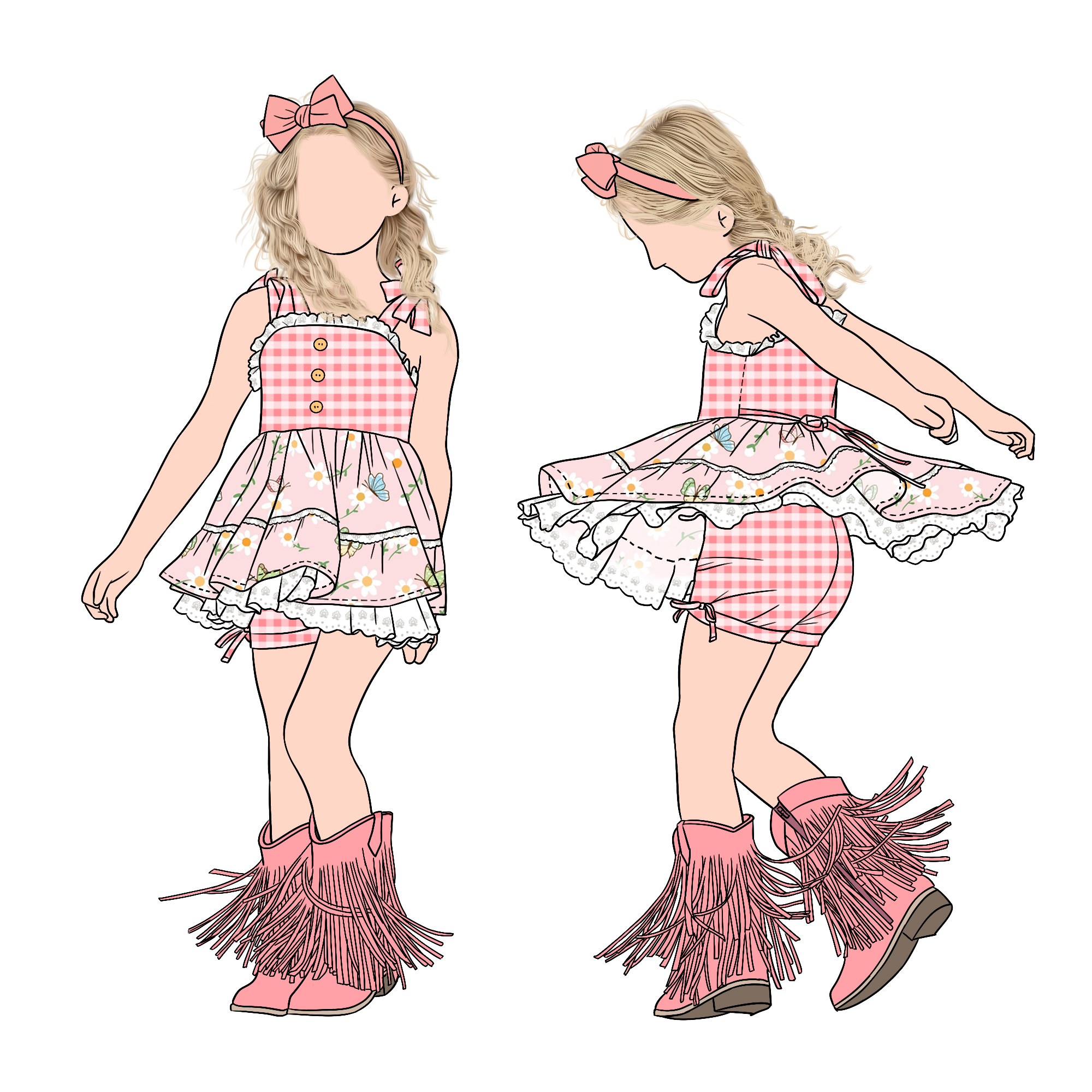 Custom Fashion Boutique Summer Girls Lace Trim Tunic Set With Plaid Shorts for Children and Kids - Image 2