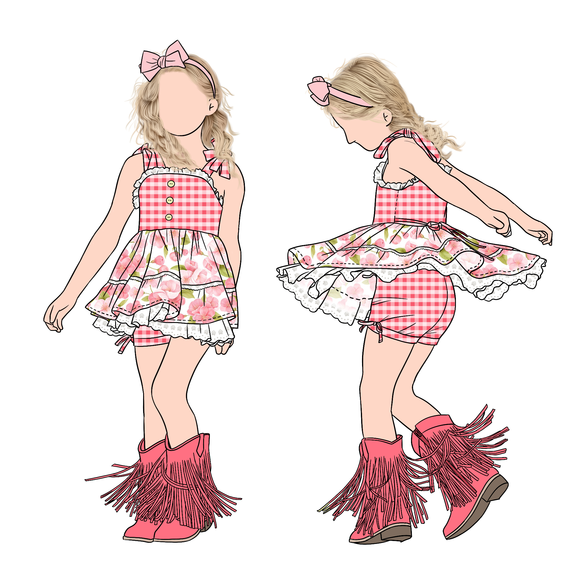 Custom Fashion Boutique Summer Girls Lace Trim Tunic Set With Plaid Shorts for Children and Kids - Image 3