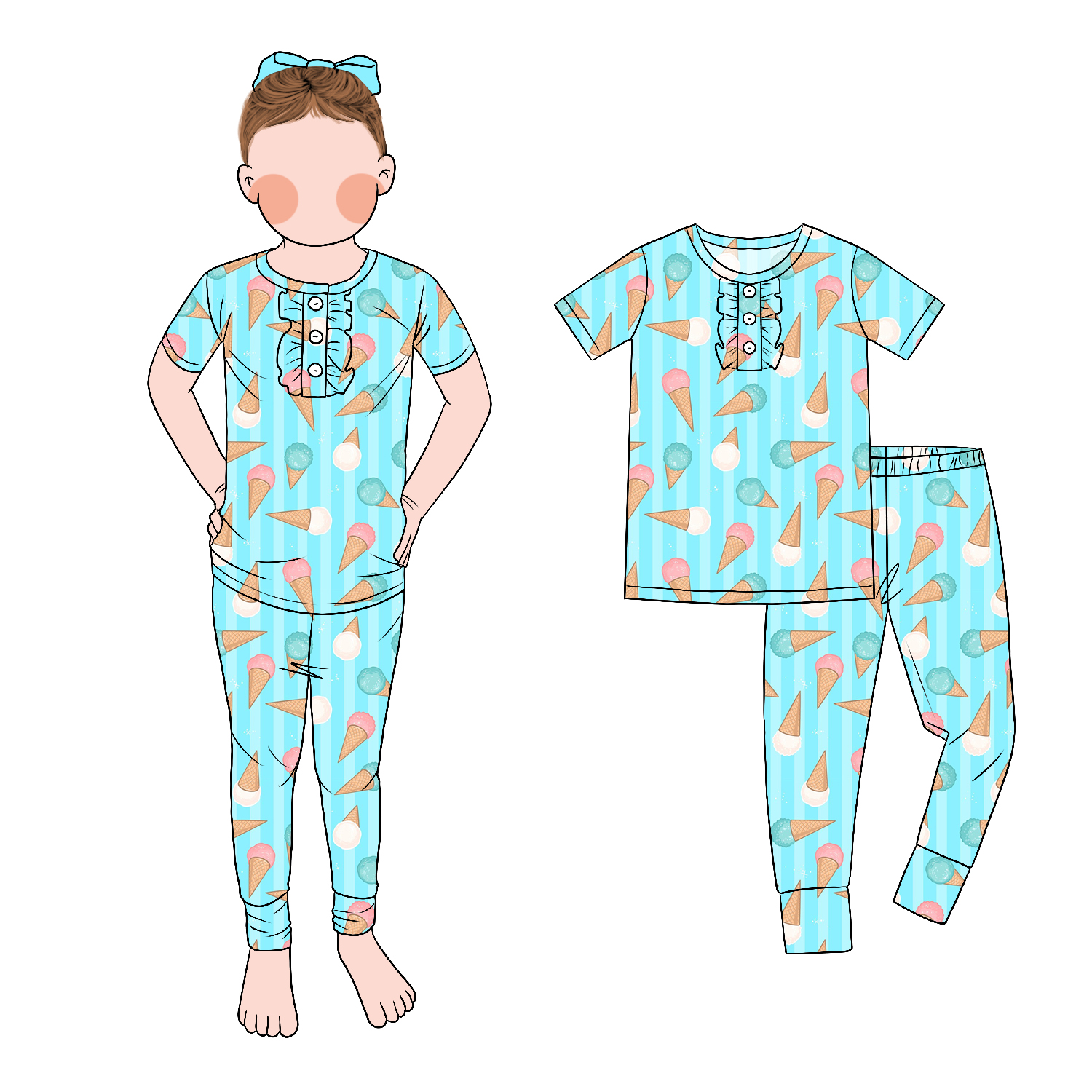 New Model Fashion Front Ruffle Fitted Design Short Sleeve and Pants Two-piece Pajamas Spring Summer Set