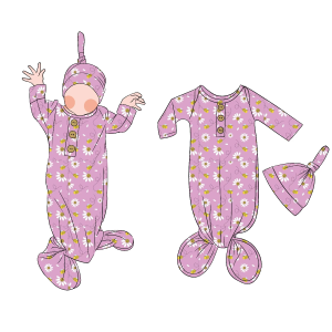 Hot Selling  Comfortable and Breathable Custom Print Soft Fabric Baby Sleeping Bag Newborn Baby Gown and Beanie Button up Design