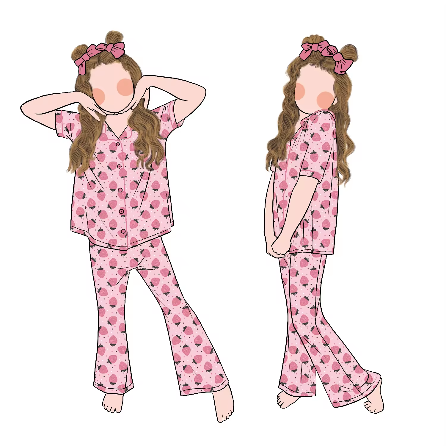 Good Quality Wholesale Custom Girls Short Sleeves Buttons up Pajamas Set Flare Pants Sleepwear for Kids Children - Image 2