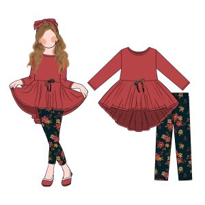 High Quality  Soft Girl Peplum Bodice Long Sleeve Dress Top with Flower Leggings for Weekend Outings