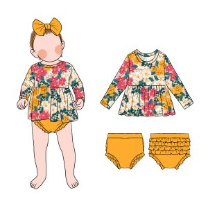 2025 High Quality Custom Printed Baby Girls Kids Clothing Sets Baby Girl Floral Basic Peplum Top and Ruffle Bloomer Set