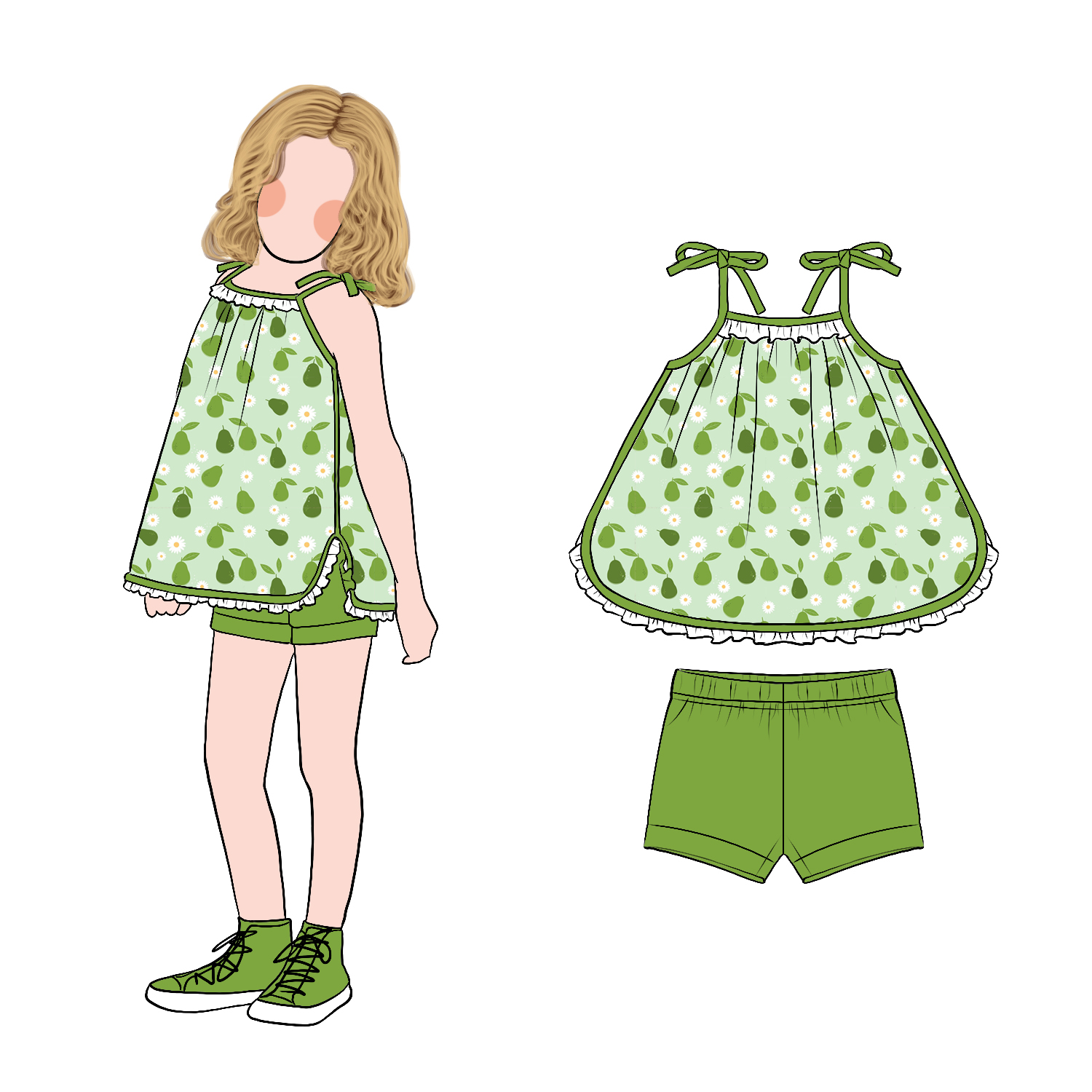 Hot Sale Sweet Adorable Cute Cartoon Print Casual Wear Girls Bow Strap Top with Solid Shorts Set - Image 2