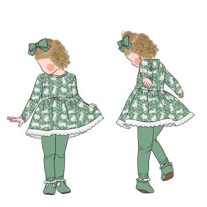 High Quality  Sweet Style Long Sleeves Lace Bottom Hemline Lovely Rabbit Print Girl Tunic Dress Set