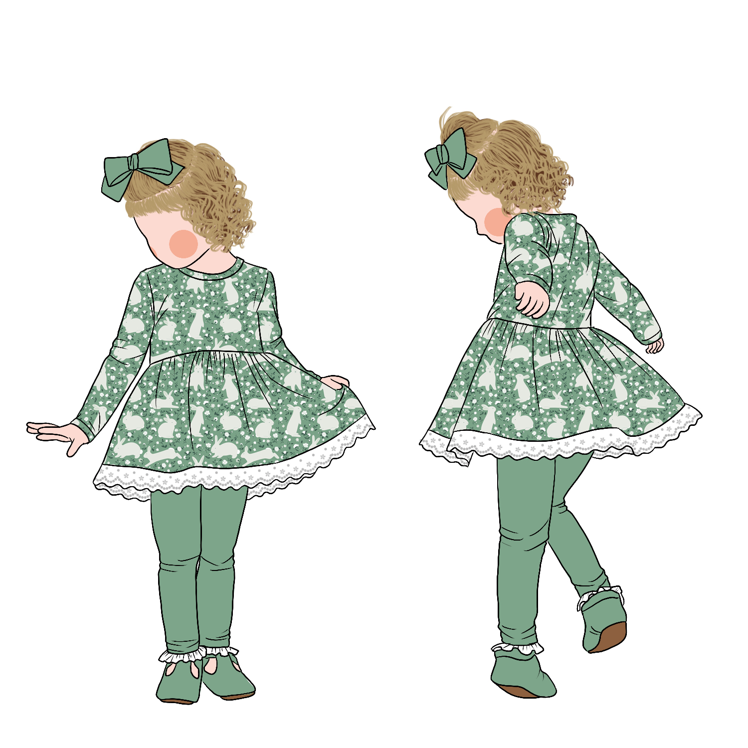 High Quality Sweet Style Long Sleeves Lace Bottom Hemline Lovely Rabbit Print Girl Tunic Dress Set