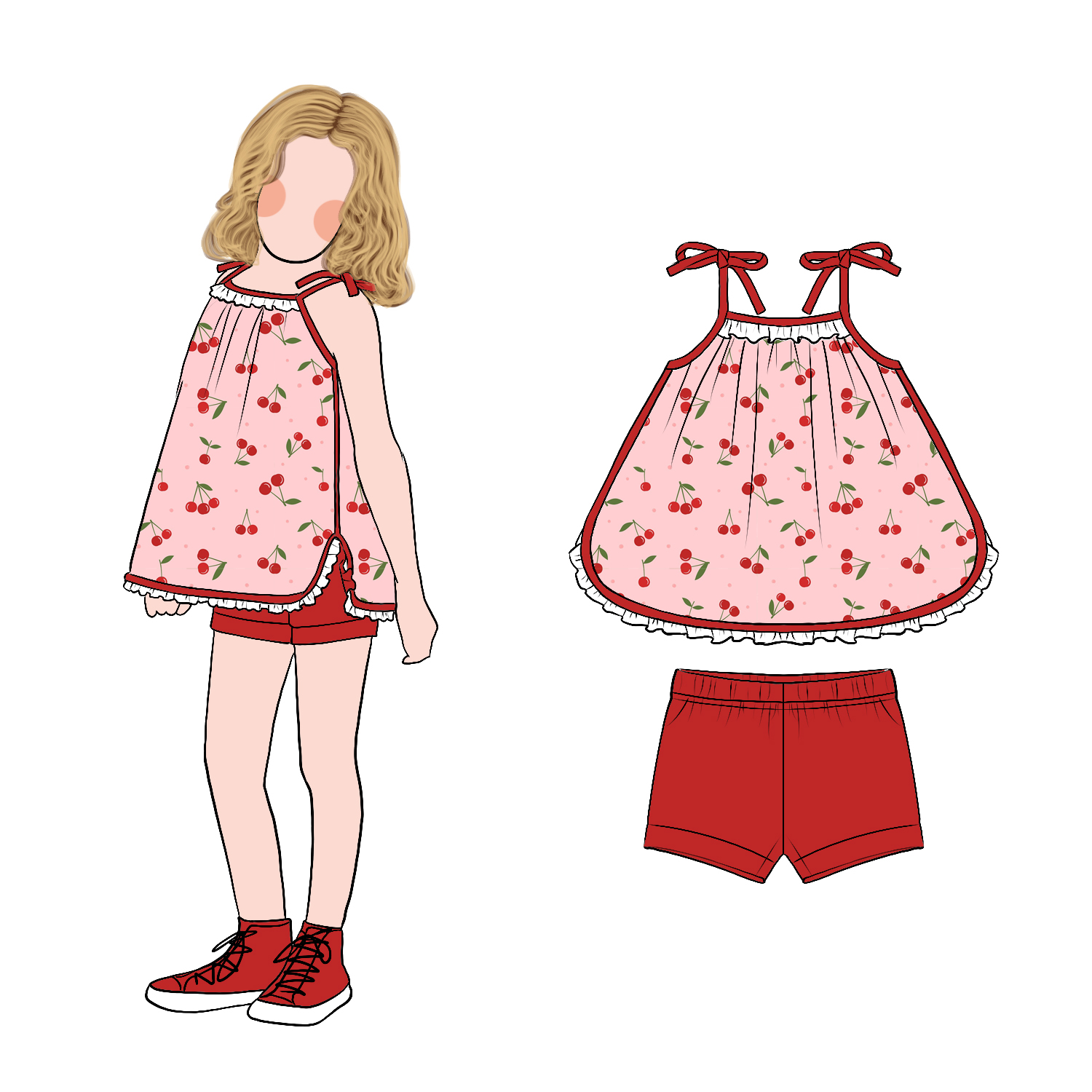 Hot Sale Sweet Adorable Cute Cartoon Print Casual Wear Girls Bow Strap Top with Solid Shorts Set - Image 6
