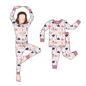 Custom High Quality Ballerina Print Bamboo 2pcs Girls Long Sleeves Clothing Set for Kids