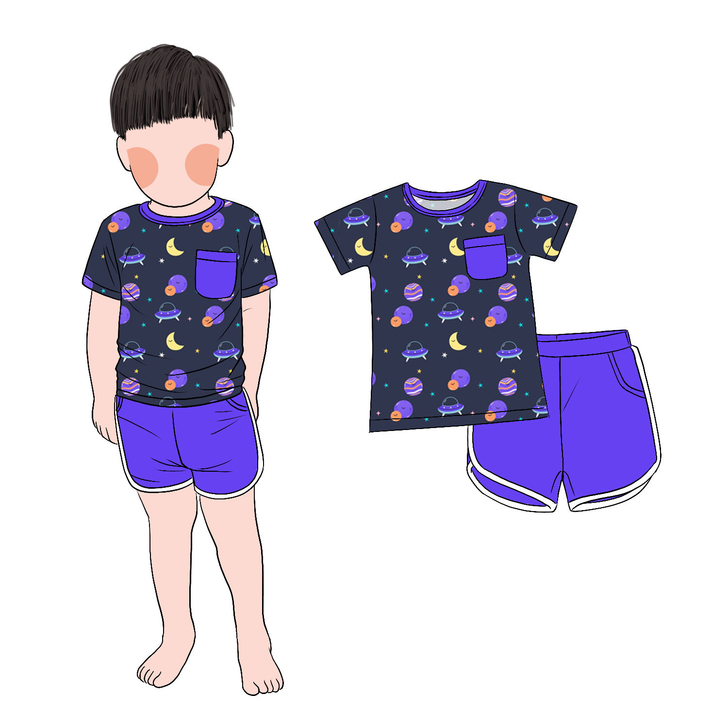 New Design Special Milk Protein Fiber Painting Boy 2pcs Short T Shirt and Pant Set With 2 Side Pockets - Image 6