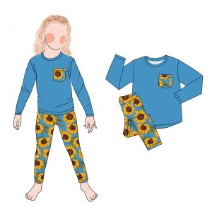 2pcs High Quality Sunflower Print Hot Sell Bamboo Customize Kids Girls Clothing Set Long Sleeves Top Matching Floral Leggings