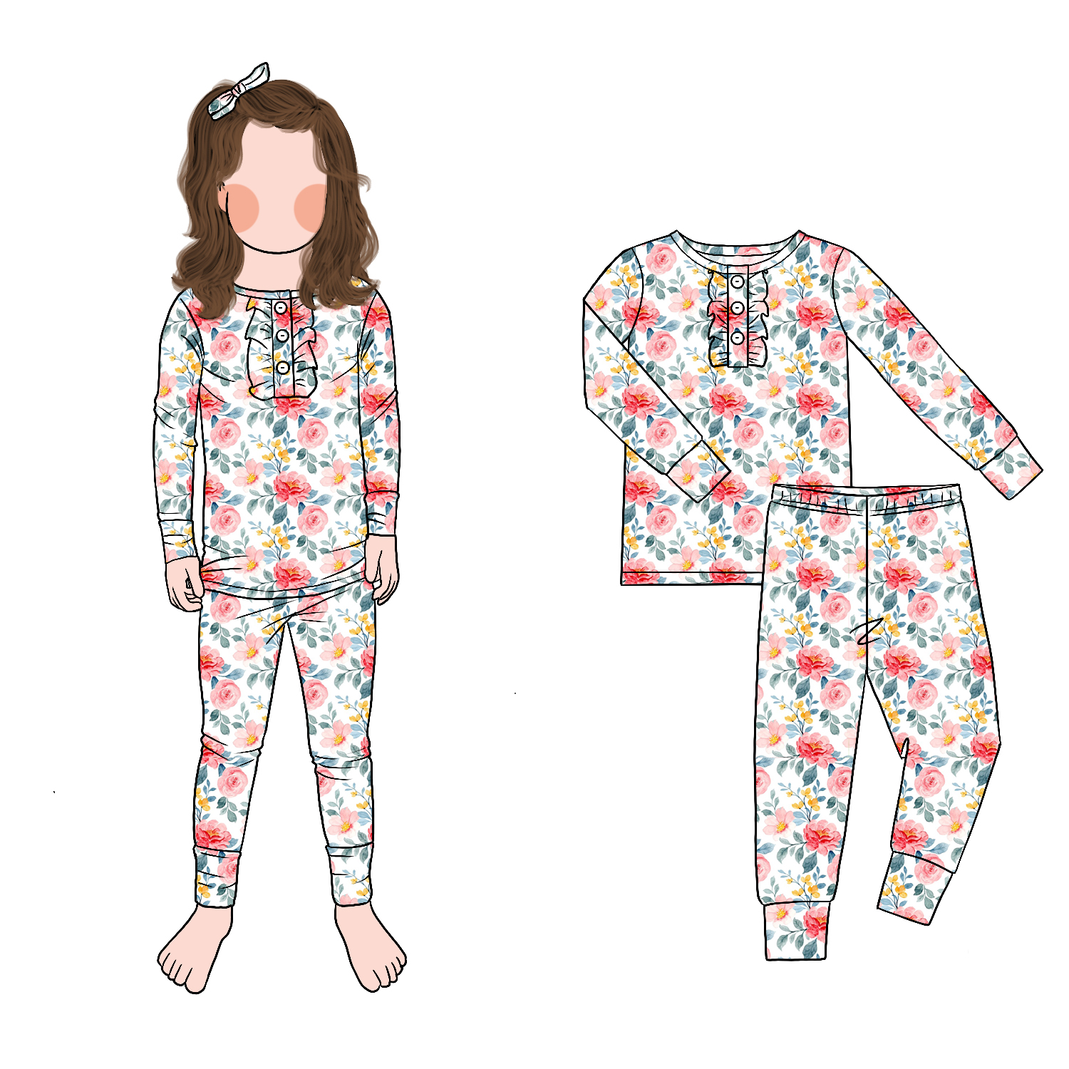 High Quality Girl Two-Piece Pajamas Set Ruffle Front Trim Long Sleeve Pants Print Soft Home Clothing for Daily Wear Autumn - Image 3