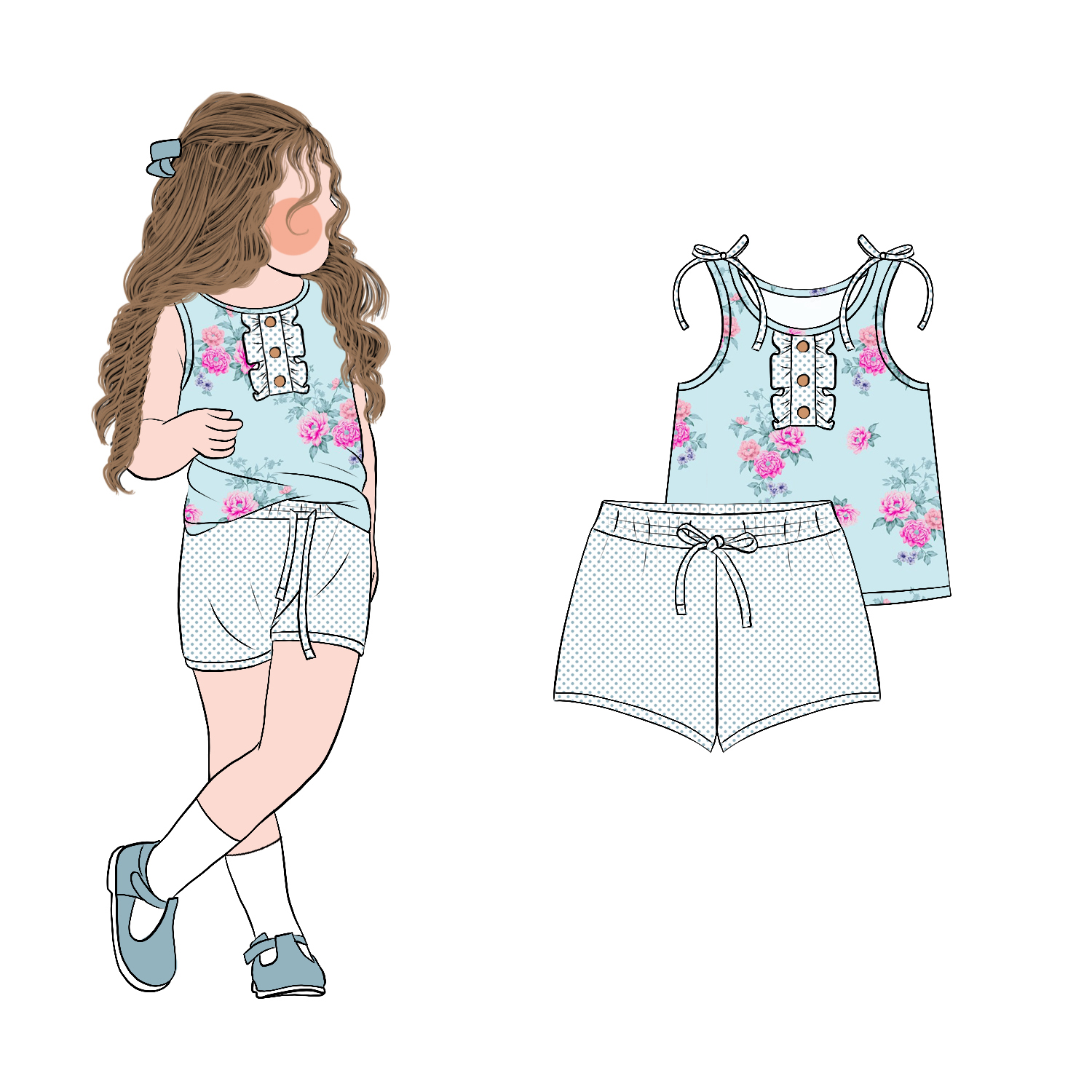 High Quality Custom Girls Sweet Style Summer Short Sleeves Floral Ruffle 2pcs Shorts Clothing Set for Children