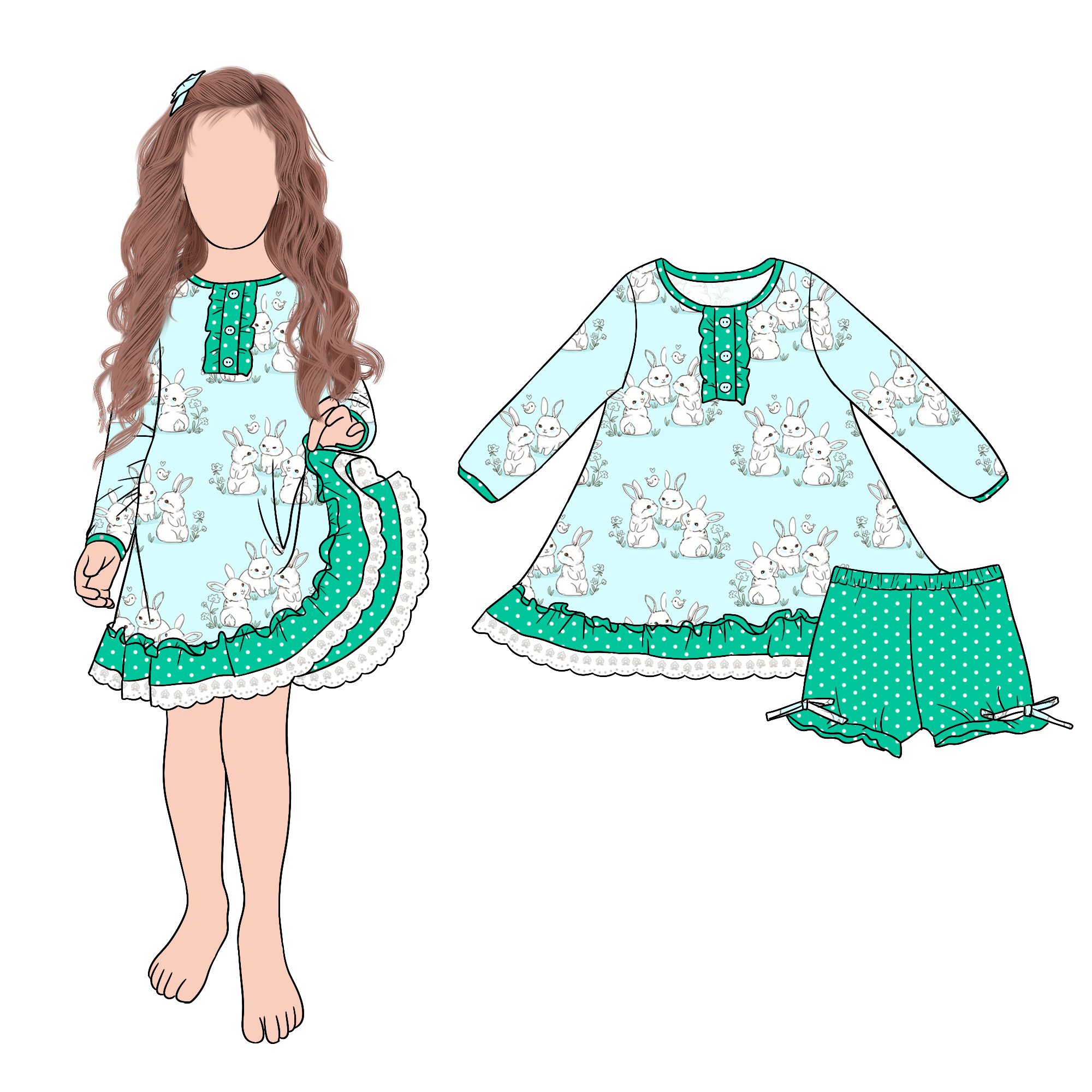 Hot Selling Popular Sweet Rabbit Girls Night Gown Dress Set Matching Cute Bow Shorts for Kids Girls