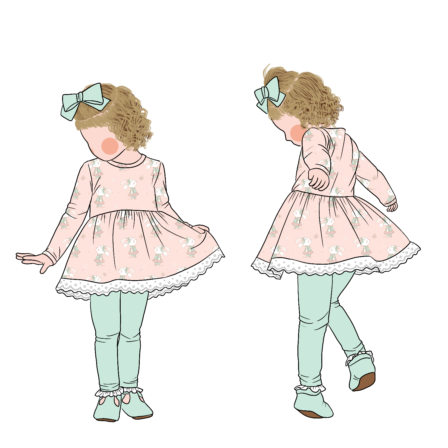 Low Price Sweet Style Long Sleeves Lace Bottom Hemline Lovely Rabbit Print Girl Tunic Dress Set With Leggings - Image 4