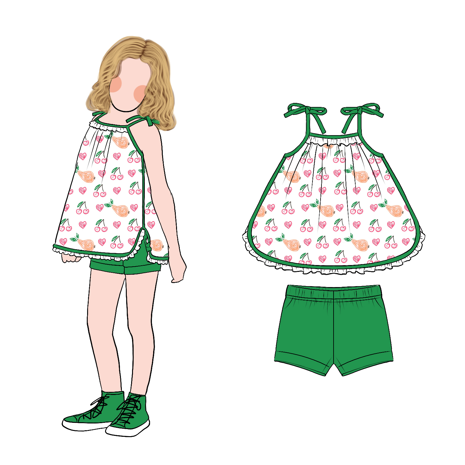 Hot Sale Sweet Adorable Cute Cartoon Print Casual Wear Girls Bow Strap Top with Solid Shorts Set - Image 4