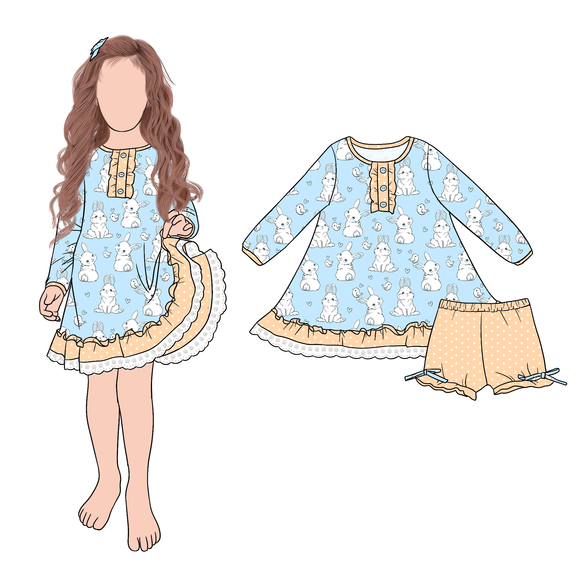 Hot Selling Popular Sweet Rabbit Girls Night Gown Dress Set Matching Cute Bow Shorts for Kids Girls - Image 5