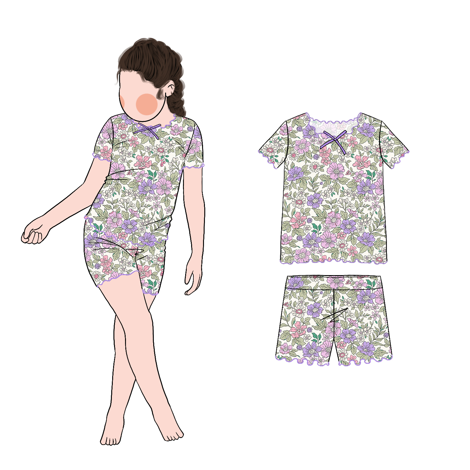 New Model Little Girls Floral Overlocked Edge 2pc Set Short Sleeves and Shorts 2 Piece Summer Clothing - Image 2