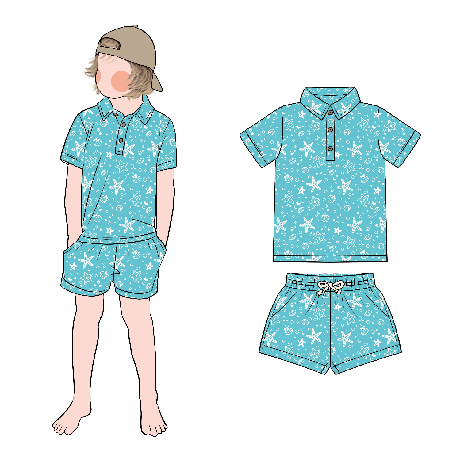 Fashionable Trendy Casual Wear Cartoon Print Shirt Breathable Comfortable 3 Front Buttons Boy Polo Shirt with Short Set - Image 6