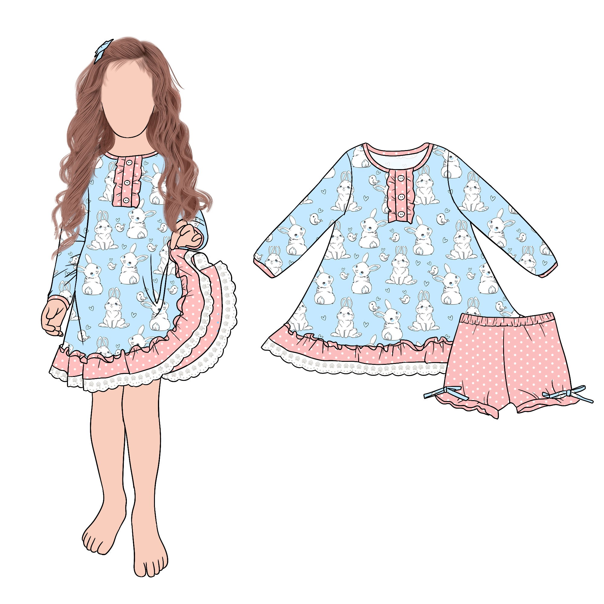 Hot Selling Popular Sweet Rabbit Girls Night Gown Dress Set Matching Cute Bow Shorts for Kids Girls - Image 2