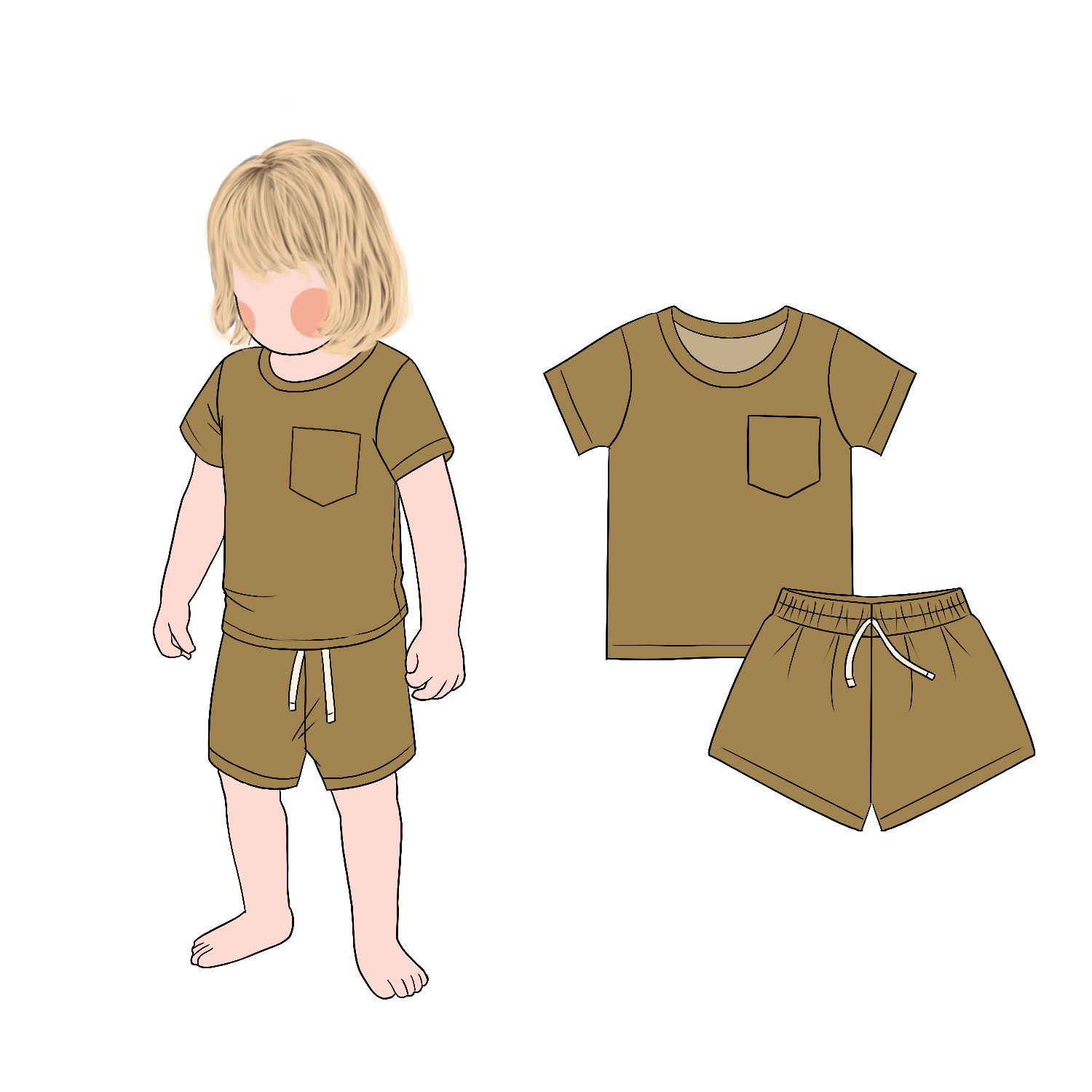 Hot Sale Children's Solid Color Pocket Short Sleeves Top Matching Drawstring Shorts Set Summer Coolful Clothing - Image 2