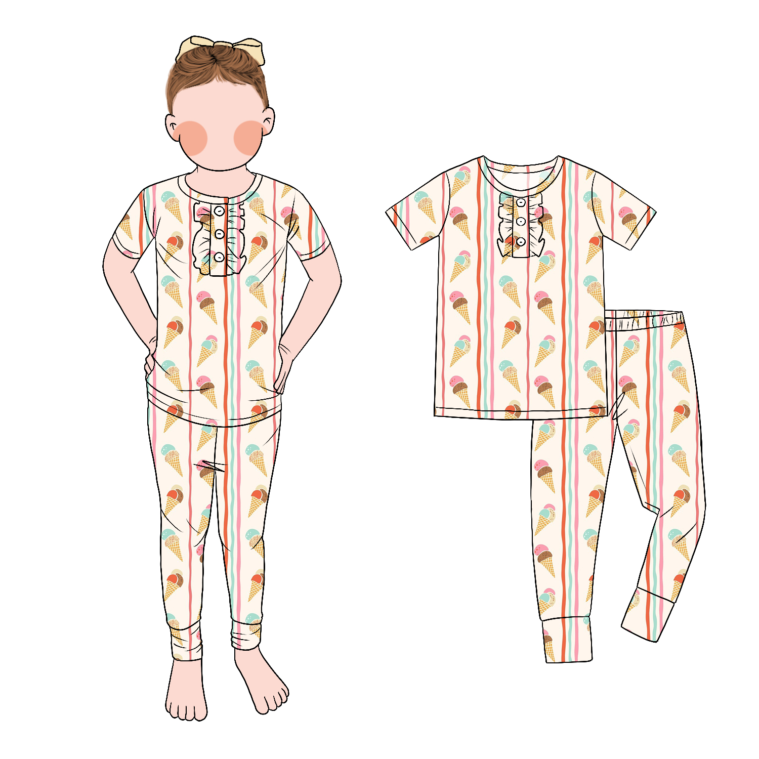 New Model Fashion Front Ruffle Fitted Design Short Sleeve and Pants Two-piece Pajamas Spring Summer Set - Image 4