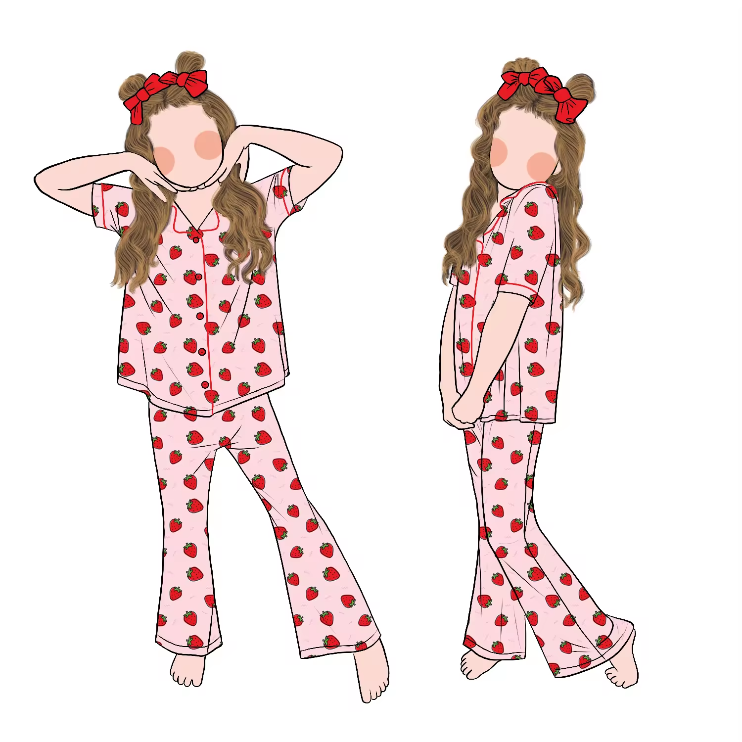 Good Quality Wholesale Custom Girls Short Sleeves Buttons up Pajamas Set Flare Pants Sleepwear for Kids Children