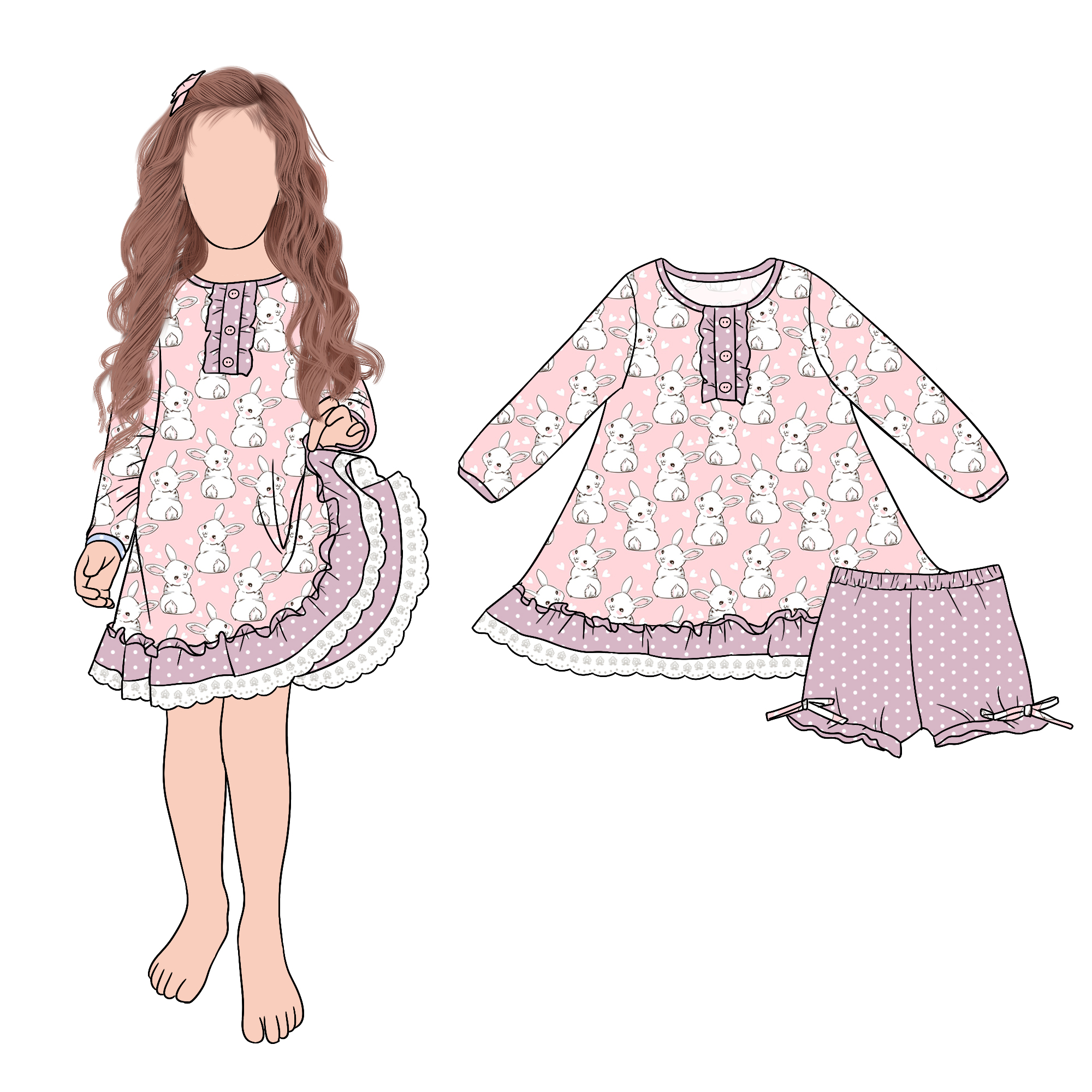 Hot Selling Popular Sweet Rabbit Girls Night Gown Dress Set Matching Cute Bow Shorts for Kids Girls - Image 3