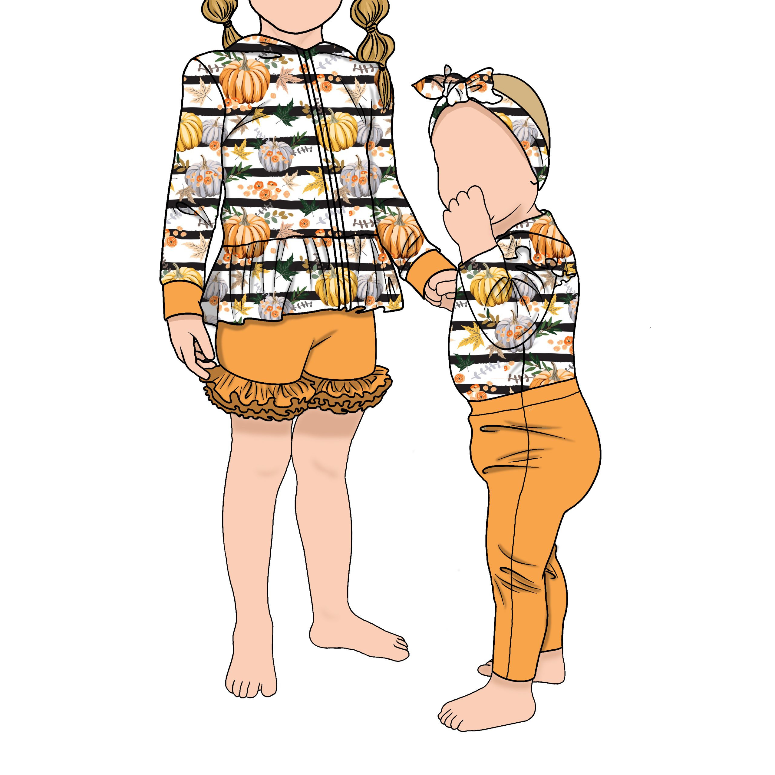 Korean High Quality Soft Brushed Milk Silk 2pcs Cute Girls Zipper Jackets Pumpkin Pattern Long Sleeve Baby Sister Hoodie Set - Image 5