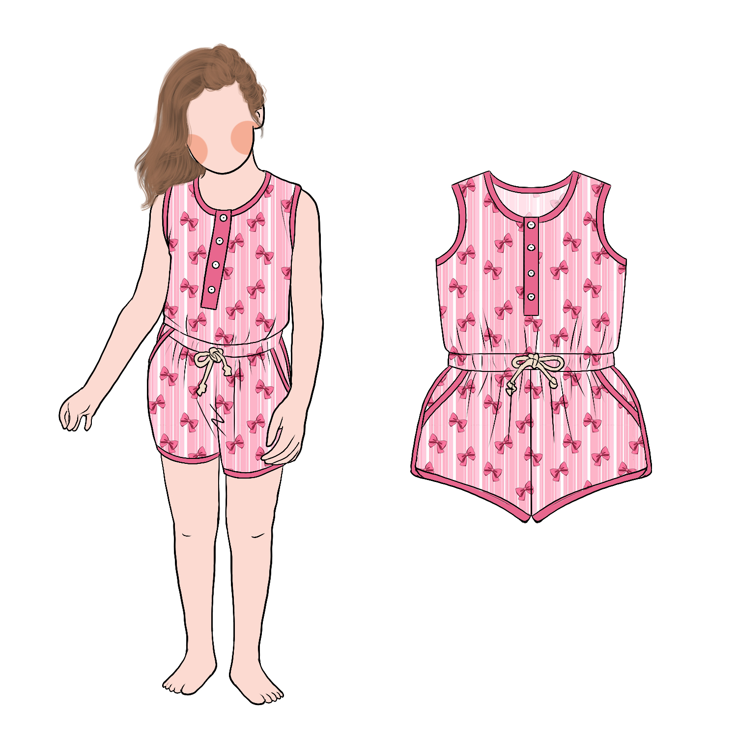 High Quality Summer Cool Outfit Versatile Practical Sweet 4 Front Buttons Striped Prints Girls Tank Shorts Romper