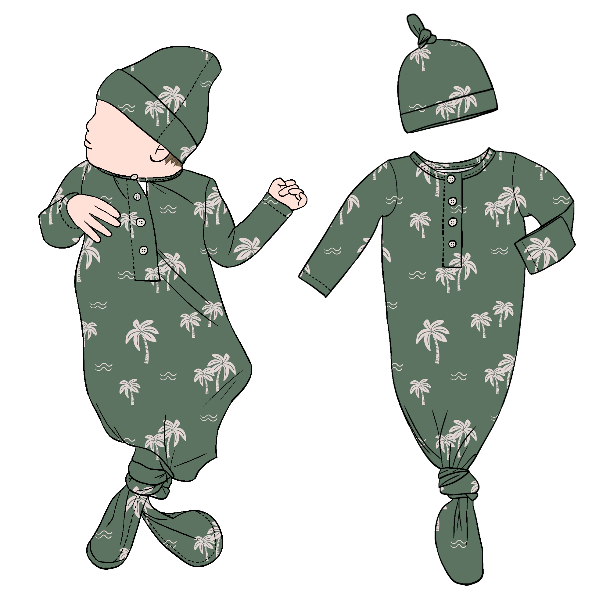 Hight Quality Breathable Newborn Baby Knotted Gown Sleeping Bag Matching Beanie for Kids Children