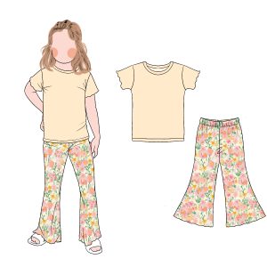Wholesale Girls Solid Color Short Sleeves and Bell Bottom Set Custom Printed Floral Flared Pants Spring Summer Sets