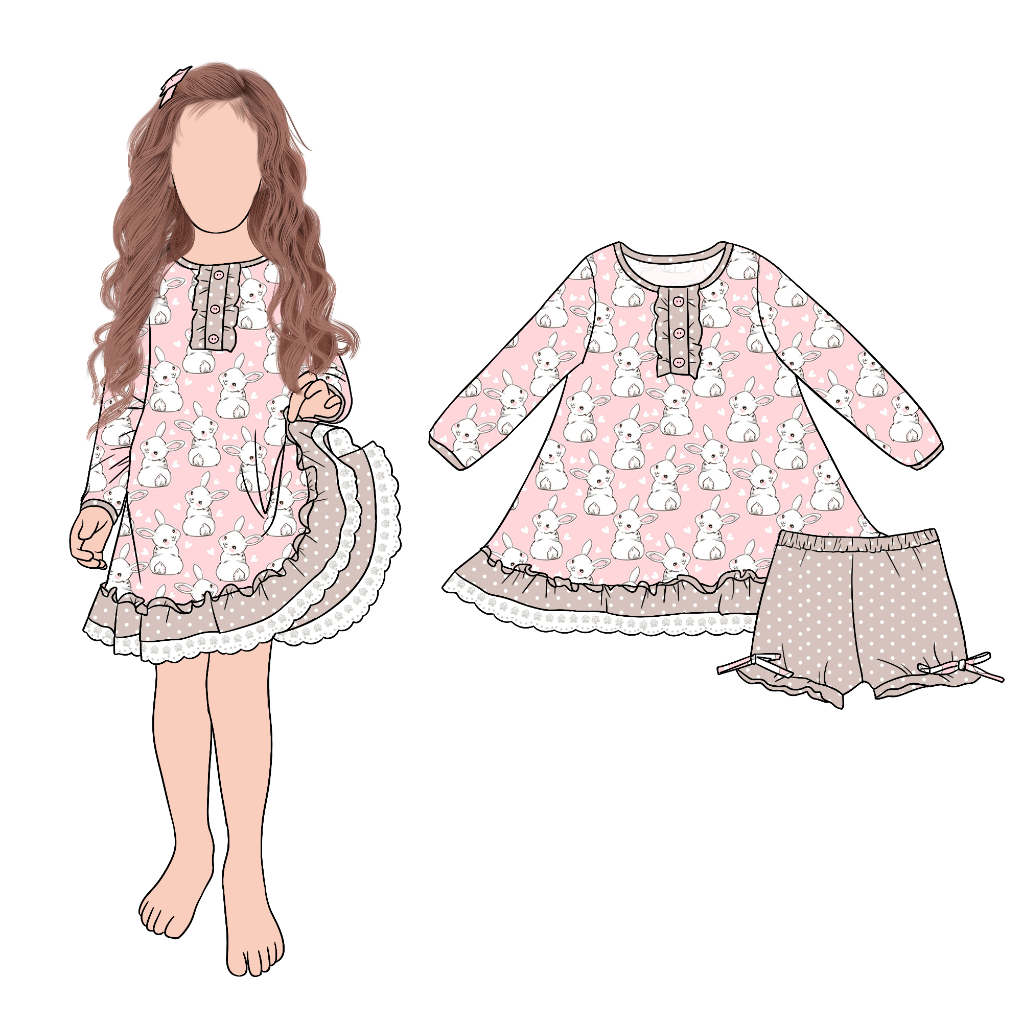 Hot Selling Popular Sweet Rabbit Girls Night Gown Dress Set Matching Cute Bow Shorts for Kids Girls - Image 6