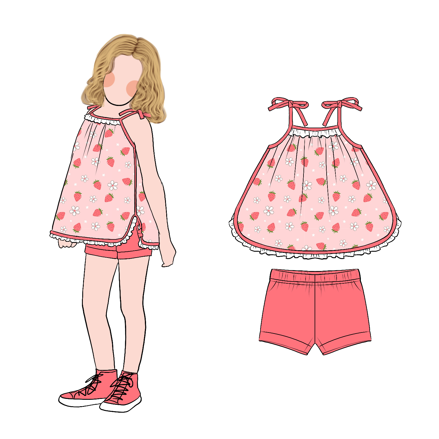 Hot Sale Sweet Adorable Cute Cartoon Print Casual Wear Girls Bow Strap Top with Solid Shorts Set - Image 5