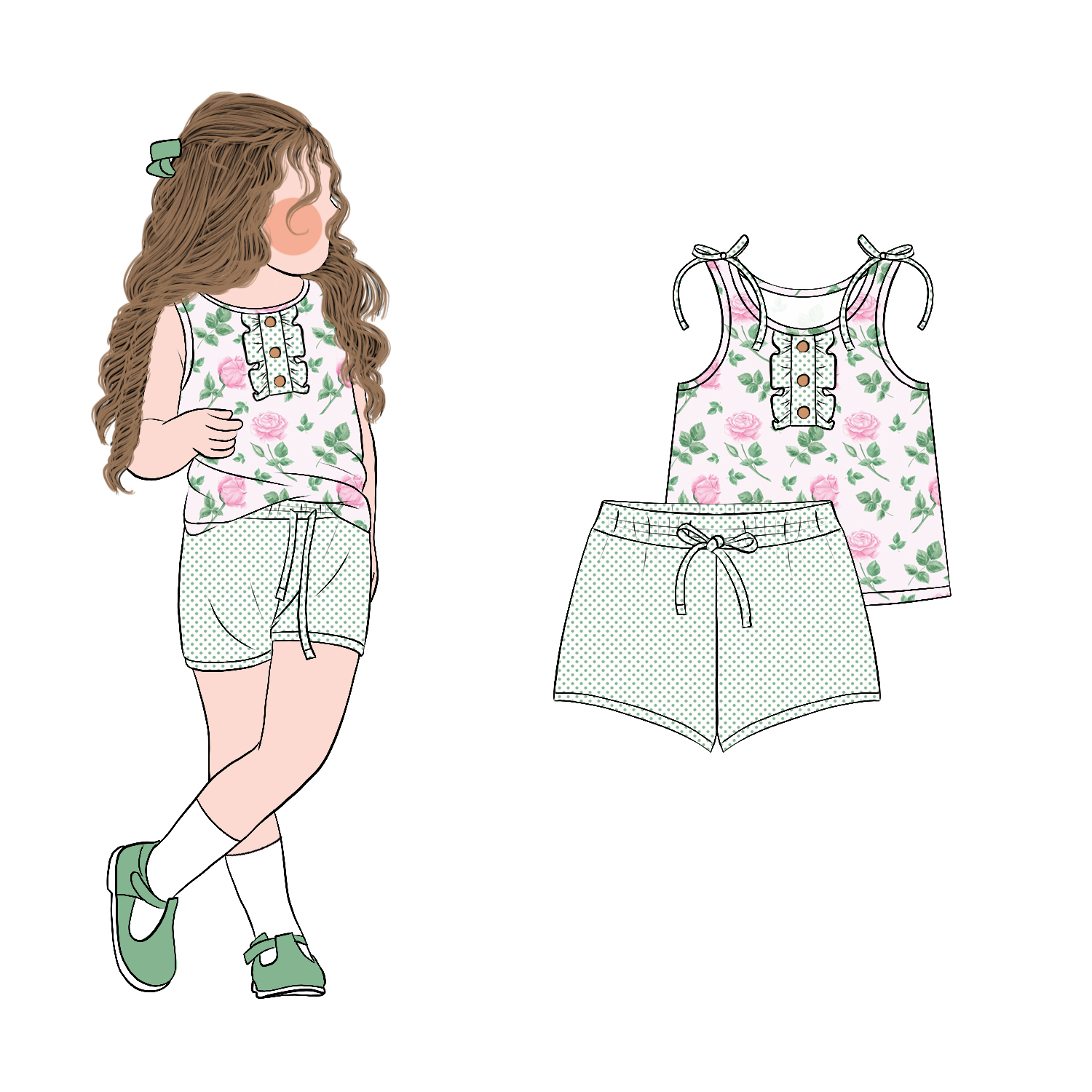 High Quality Custom Girls Sweet Style Summer Short Sleeves Floral Ruffle 2pcs Shorts Clothing Set for Children - Image 5