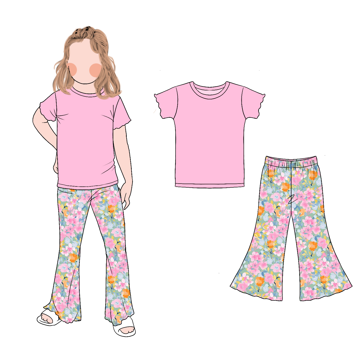 Wholesale Girls Solid Color Short Sleeves and Bell Bottom Set Custom Printed Floral Flared Pants Spring Summer Sets - Image 2