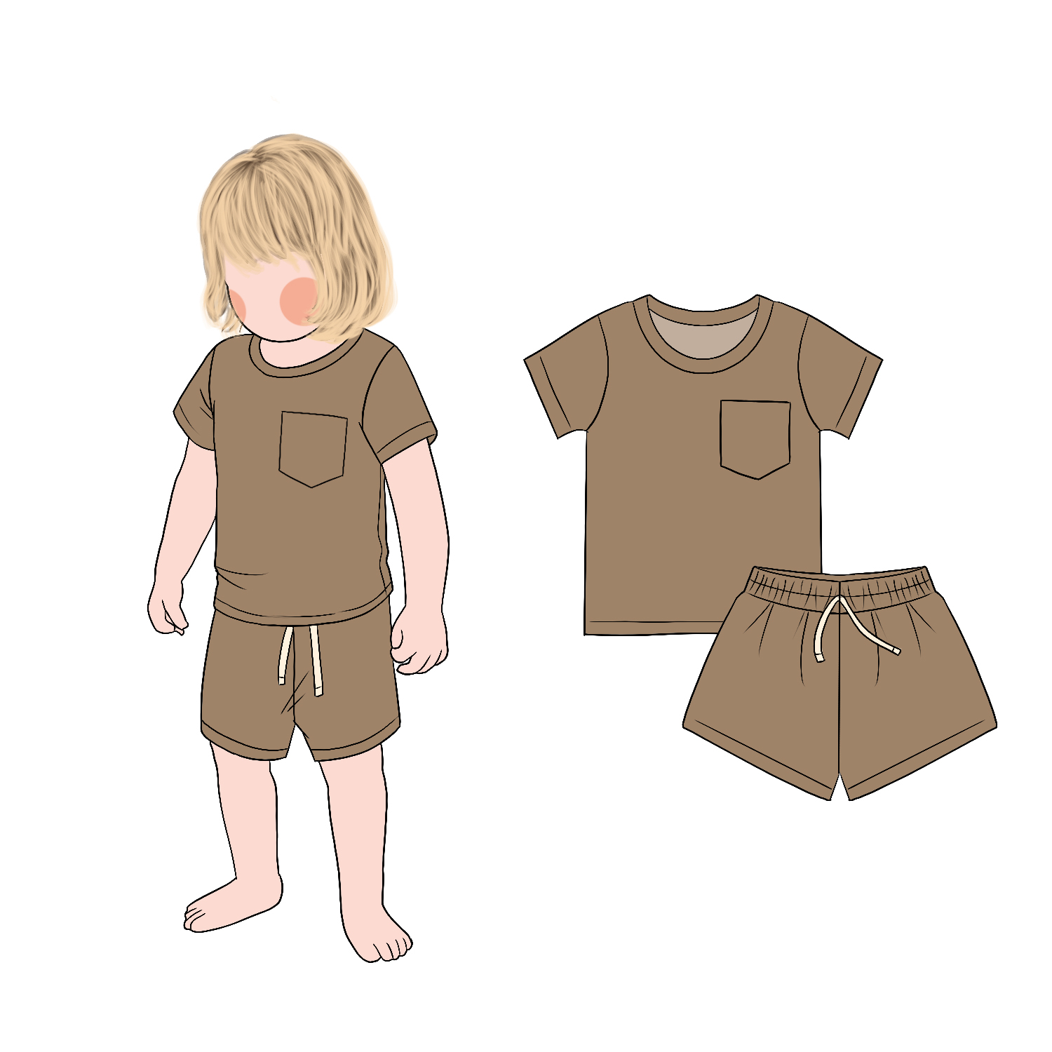 Hot Sale Children's Solid Color Pocket Short Sleeves Top Matching Drawstring Shorts Set Summer Coolful Clothing - Image 4