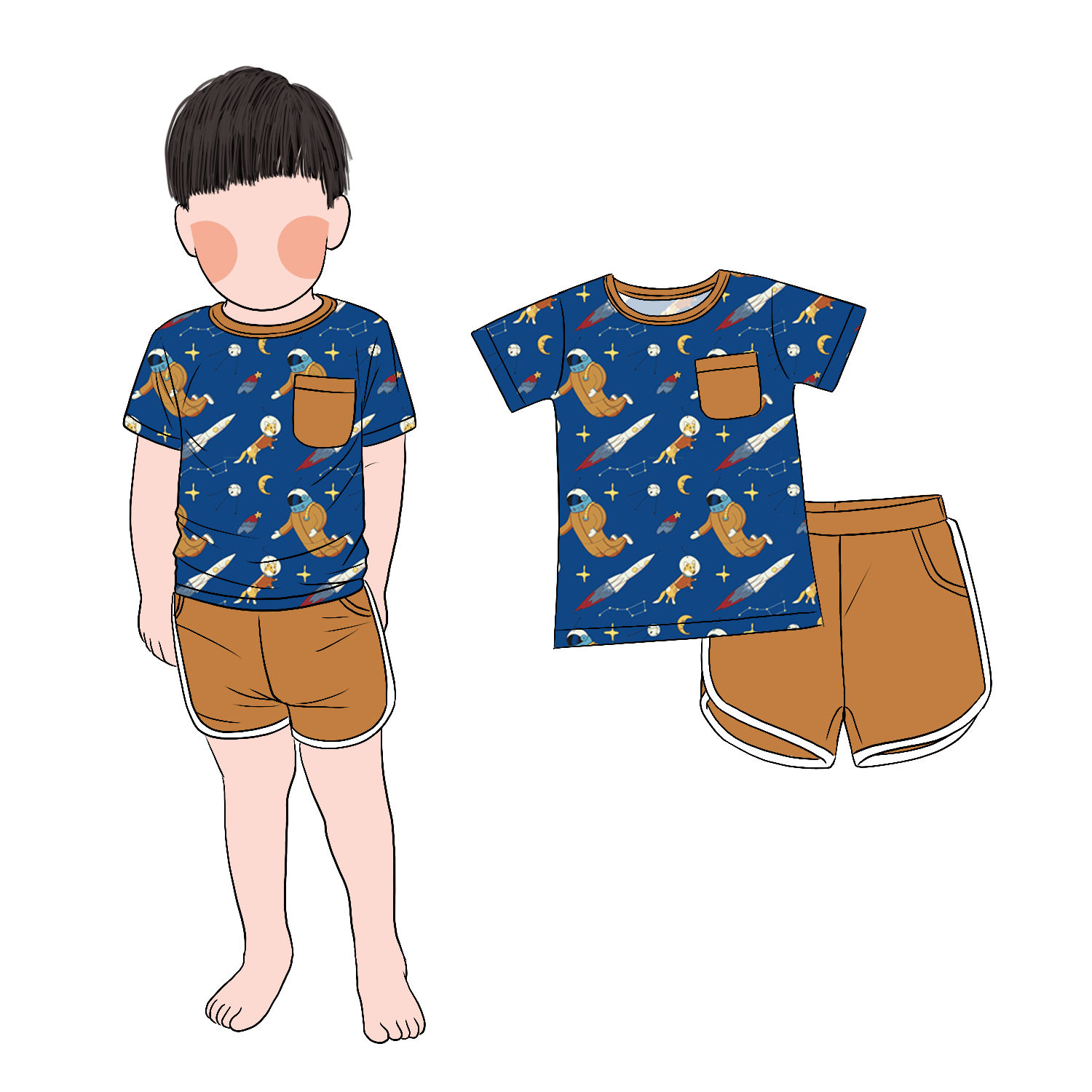 New Design Special Milk Protein Fiber Painting Boy 2pcs Short T Shirt and Pant Set With 2 Side Pockets - Image 2