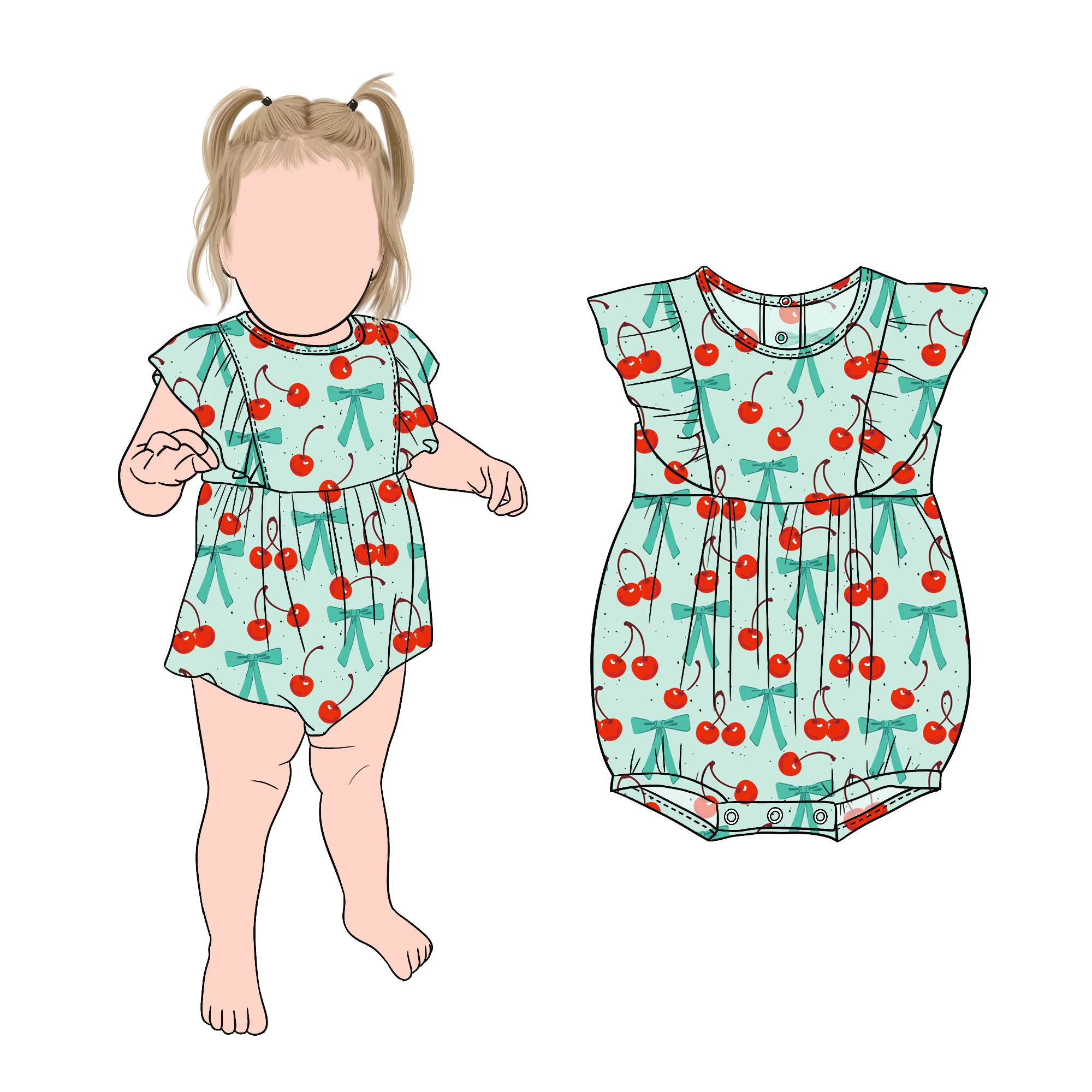 Milk Protein Fiber Custom Hot Selling Sweet Bow and Fruit Printed Baby Girl Snap Buttons Ruffle Bodysuit for Kids Children