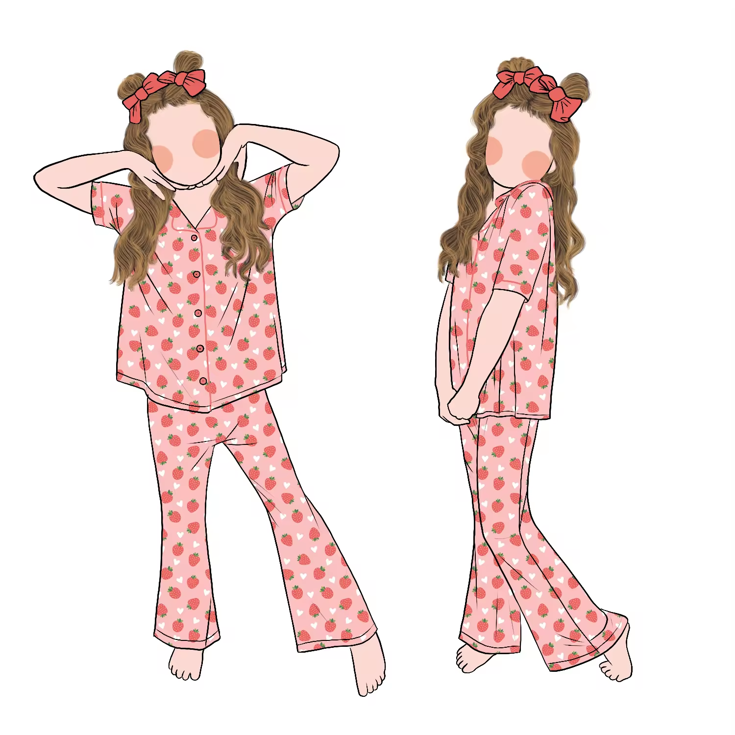 Good Quality Wholesale Custom Girls Short Sleeves Buttons up Pajamas Set Flare Pants Sleepwear for Kids Children - Image 3