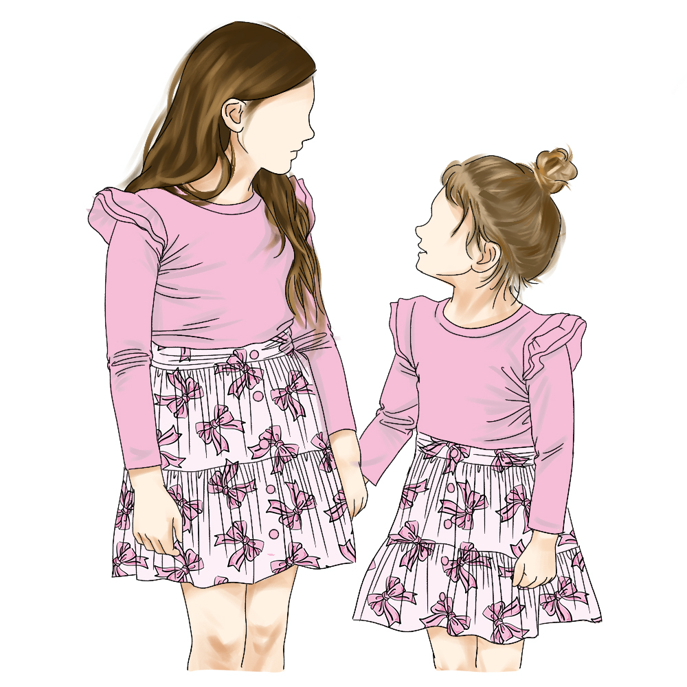 New Arrival Printing Cherry Pattern Sister Matching Outfits Skirt Dress Long Sleeve Baby Girls Ruffle Sleeve T-Shirt Set - Image 2