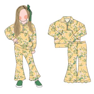 Girls Long Sleeves Folding Collar with Front Pocket Design Sweater and Flare Bottoms Pants Spring Autumn