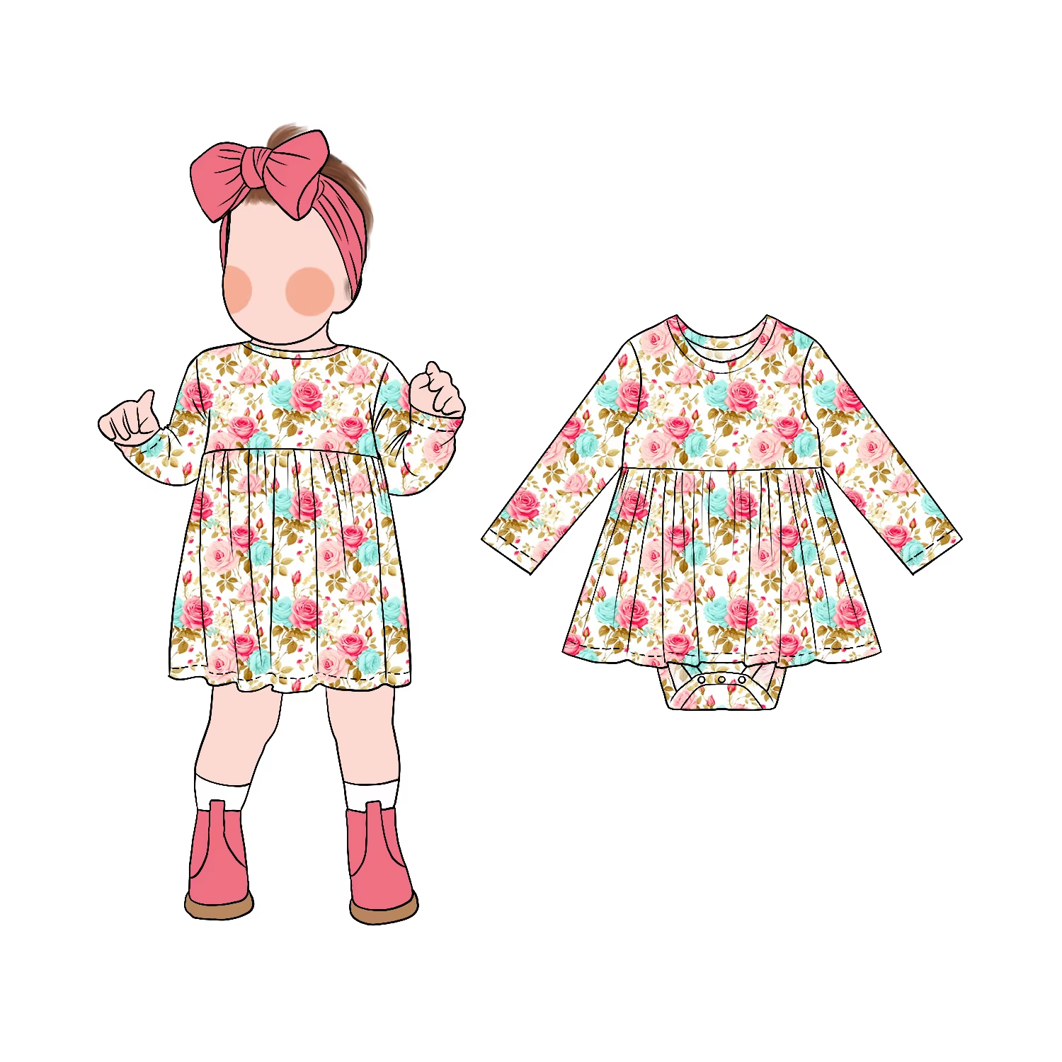 Hot Selling Personality Simple Flower Pattern Long Sleeve Girls Skirted Roper with Snap Buttons Suitable for Daily Dressing