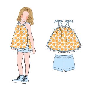 Hot Sale Sweet  Adorable Cute Cartoon Print Casual Wear Girls Bow Strap Top with Solid Shorts Set