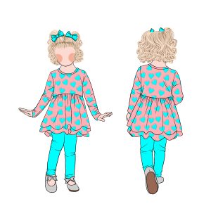 Valentine's Day Sweet Heart Printed Girls Playsets Long-Sleeved Top With Doule Skirts for Children
